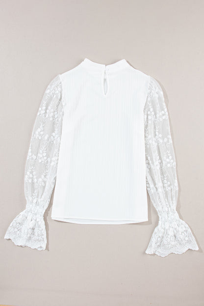 White Contrast Lace Sleeve Mock Neck Textured Blouse