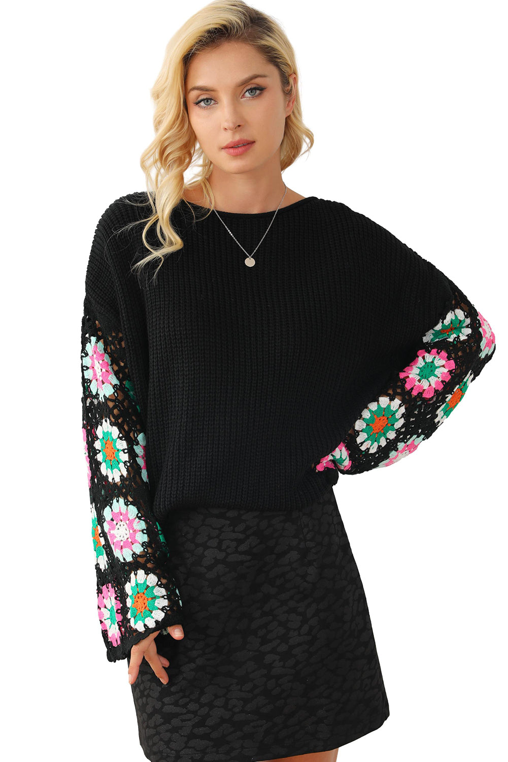 Black Floral Crochet Bell Sleeve Loose Sweater