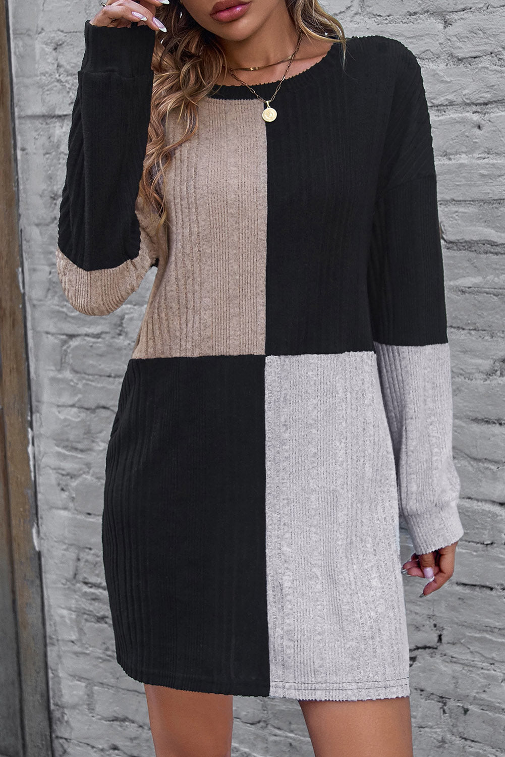 Chestnut Ribbed Color Block Drop Shoulder Long Sleeve Mini Dress