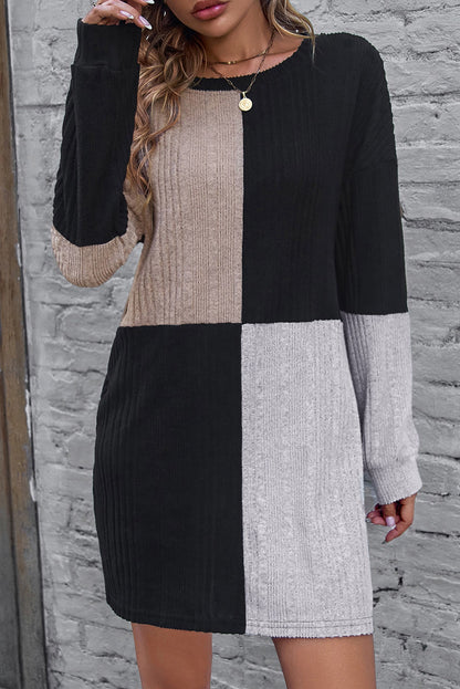 Chestnut Ribbed Color Block Drop Shoulder Long Sleeve Mini Dress