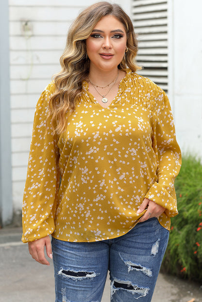 Yellow Plus Size Floral Print Ruched Split Neck Blouse