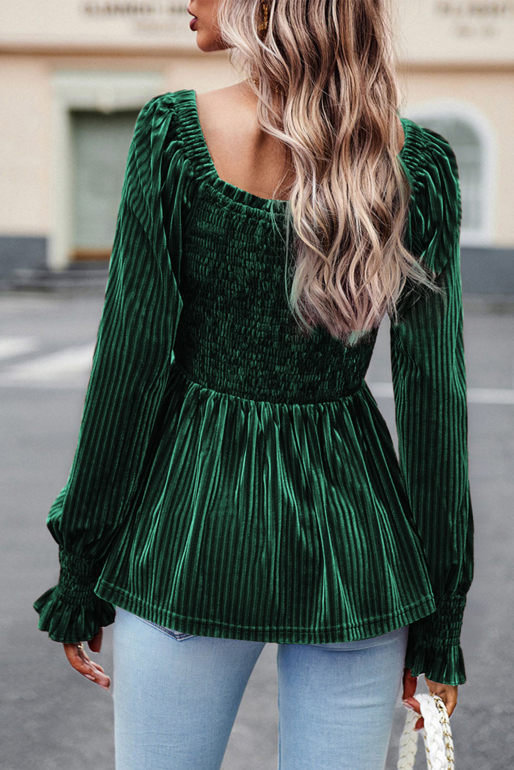 Green Tie Back Square Neck Velvet Babydoll Dress