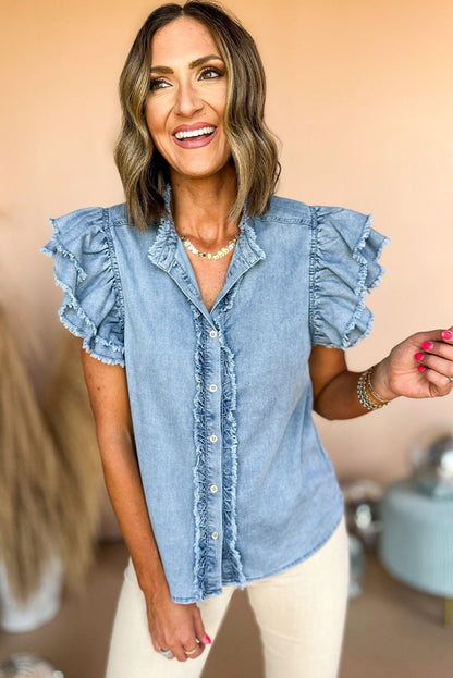 Beau Blue Button Front Ruffled Flutter Frayed Denim Top