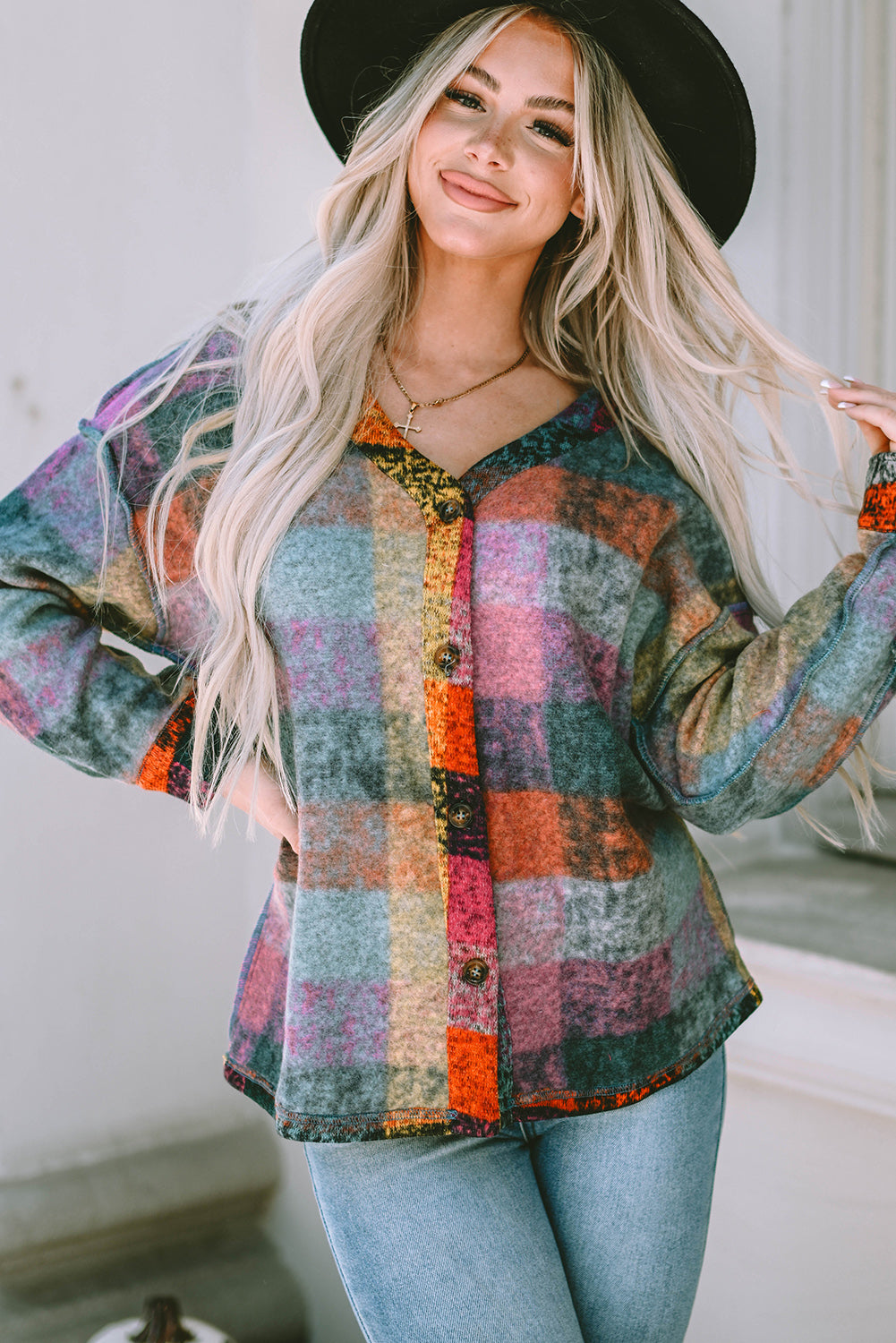 Multicolor Brushed Plaid Pocketed Oversize Shacket