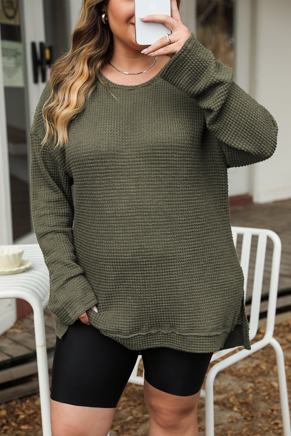 Khaki Waffle Knit High Slits Oversized Top