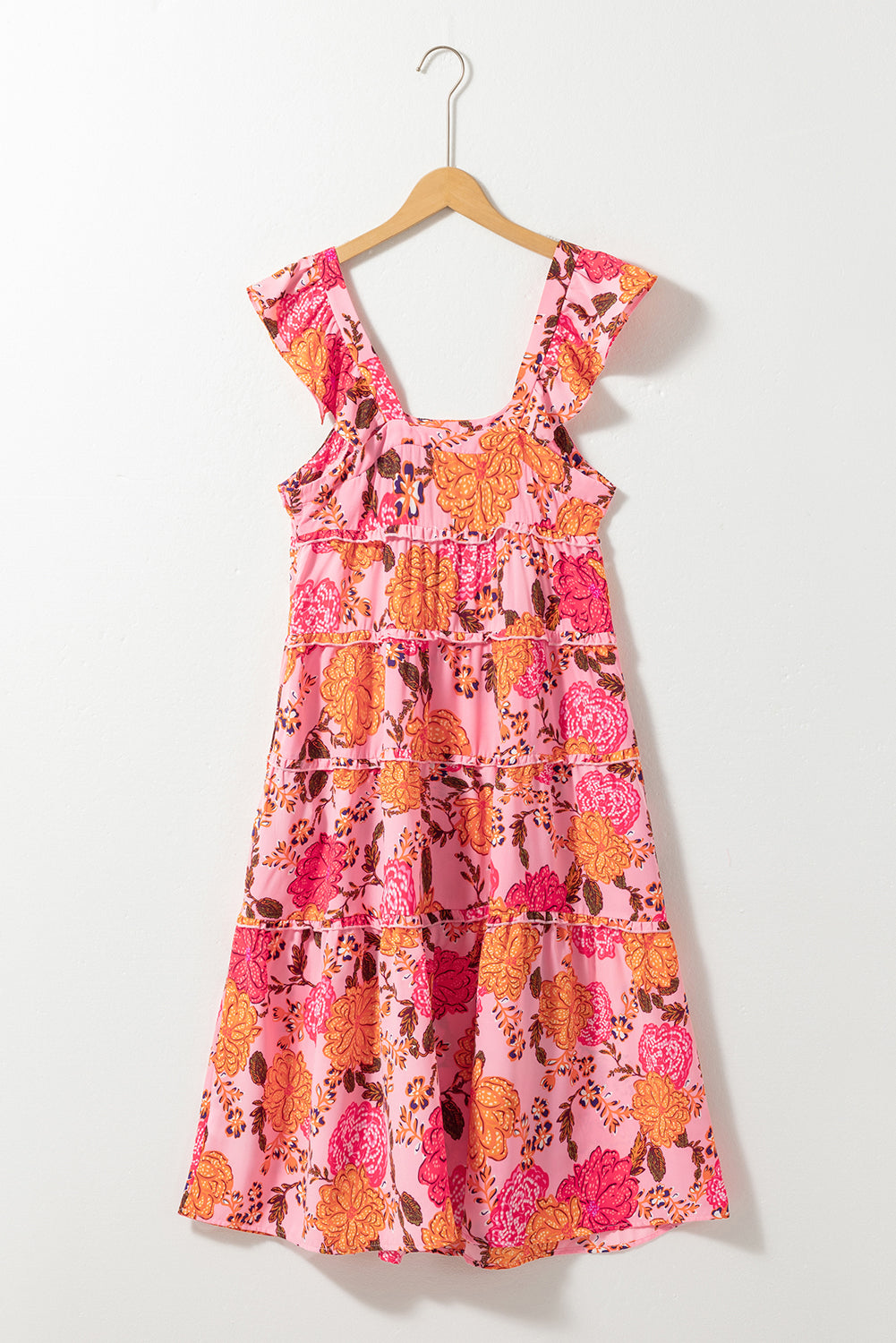 Pink Floral Square Neck Ruffled Flutter Sleeve Tiered Midi Dress