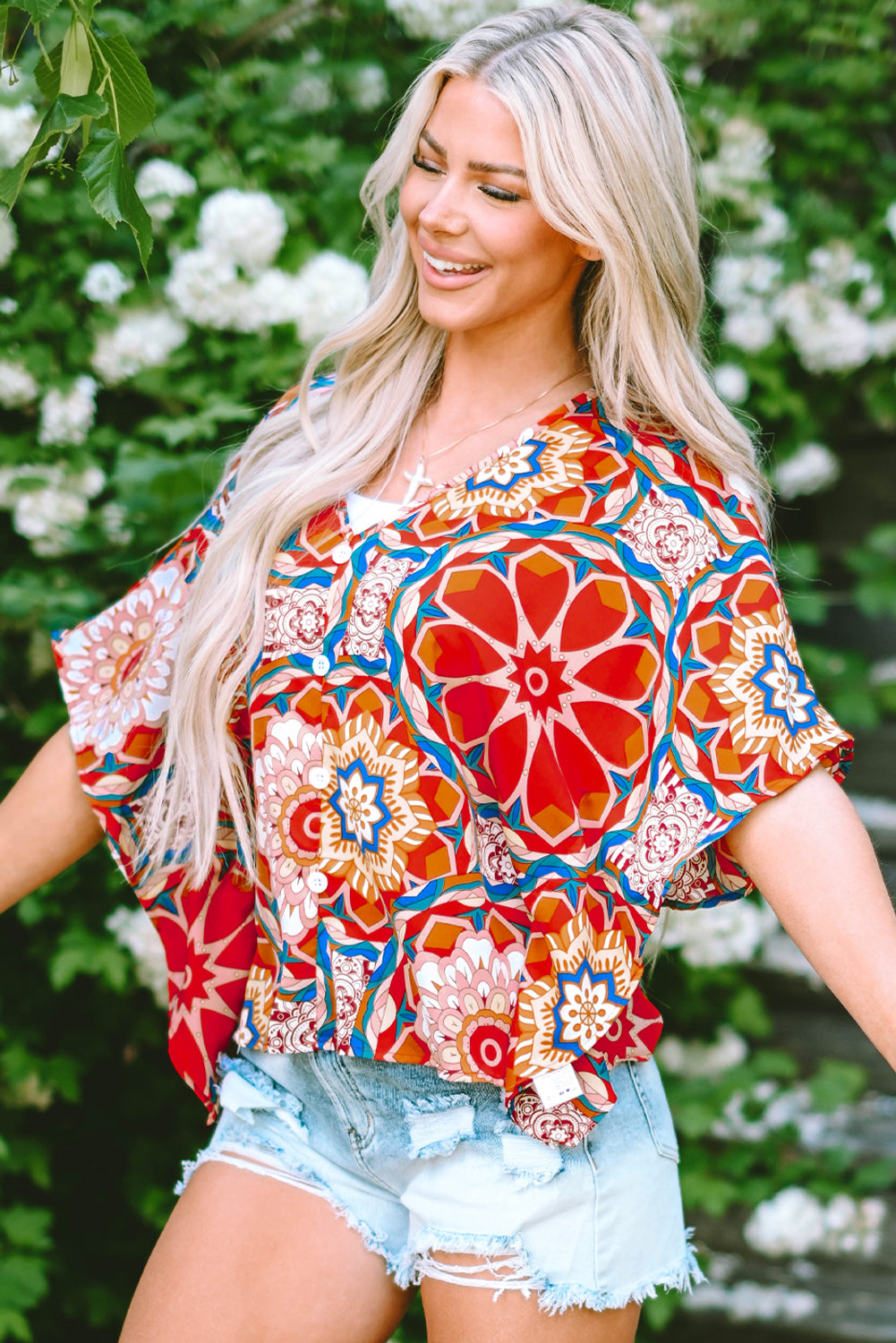 Red Floral Print Batwing Sleeve V Neck Blouse