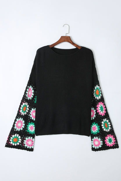 Black Floral Crochet Bell Sleeve Loose Sweater