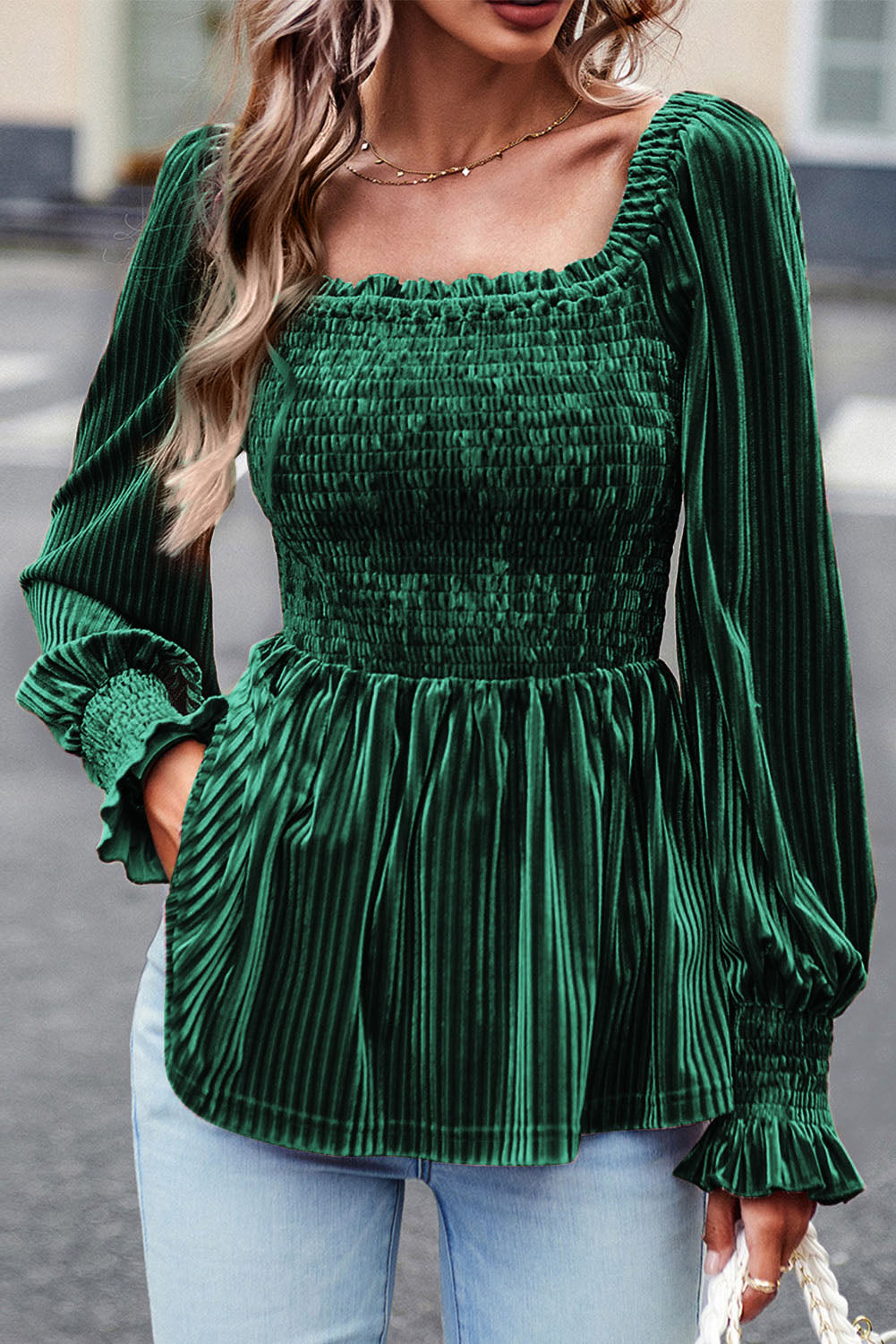 Green Tie Back Square Neck Velvet Babydoll Dress