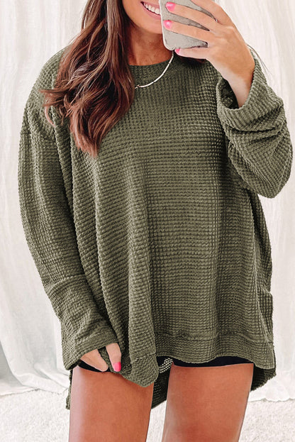 Khaki Waffle Knit High Slits Oversized Top