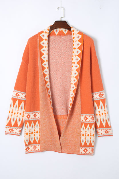 Brown Aztec Print Open Front Knitted Cardigan