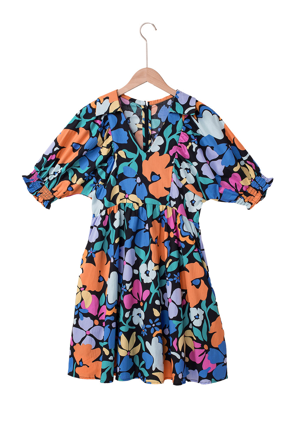 Blue Collared Split Neck Floral Flared Dress