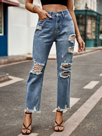 Distressed Raw Hem Jeans with Pockets