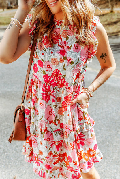 White Floral Frilled Neckline Puff Sleeve Blouse