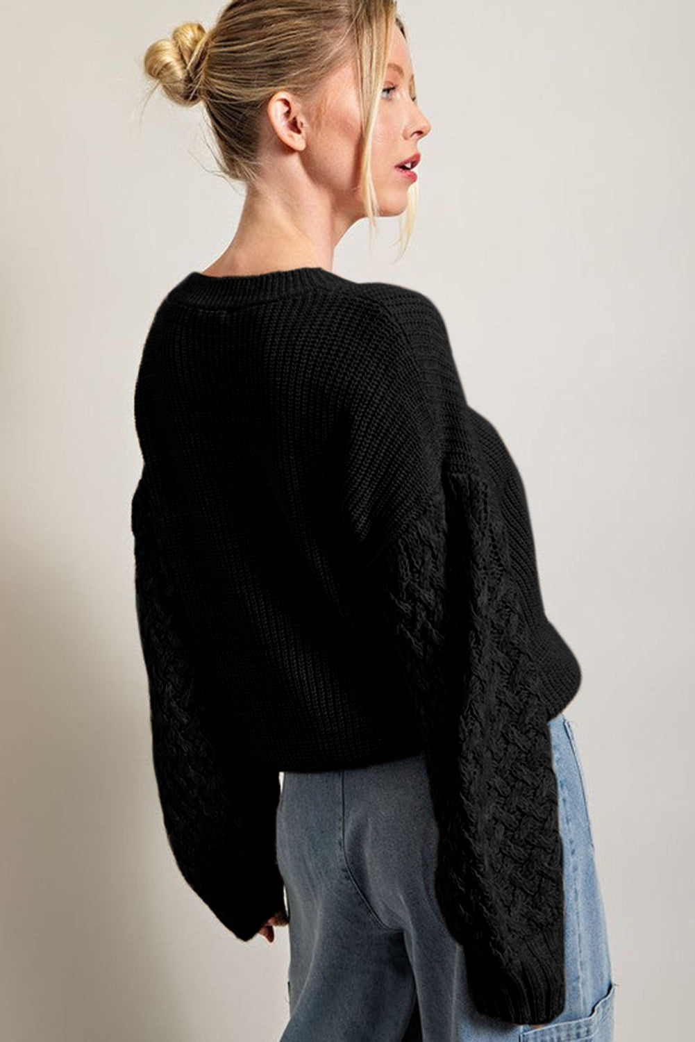 Light Grey Cable Knit Sleeve Drop Shoulder Sweater