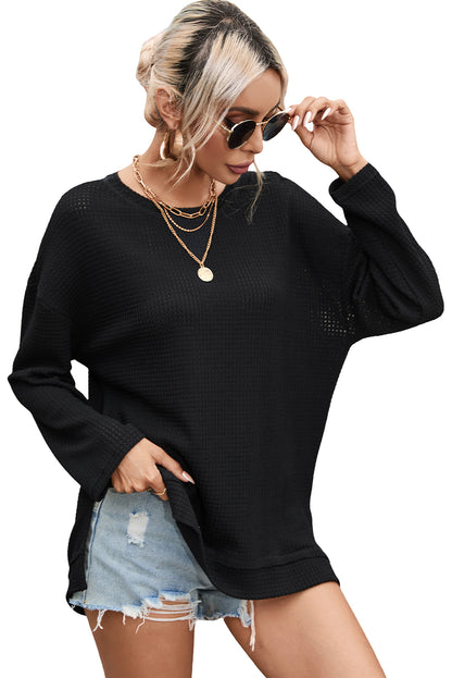 Khaki Waffle Knit High Slits Oversized Top