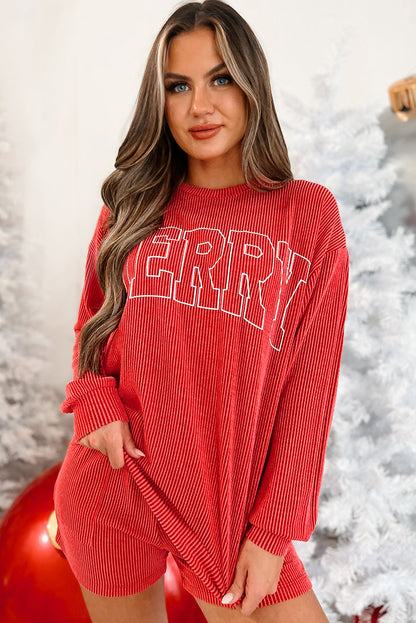 Evergreen Corded MERRY Graphic Long Sleeve Top and Shorts Set