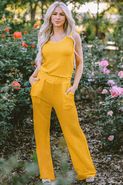 Black Crinkled U Neck Tank Top and Wide Leg Pants Set