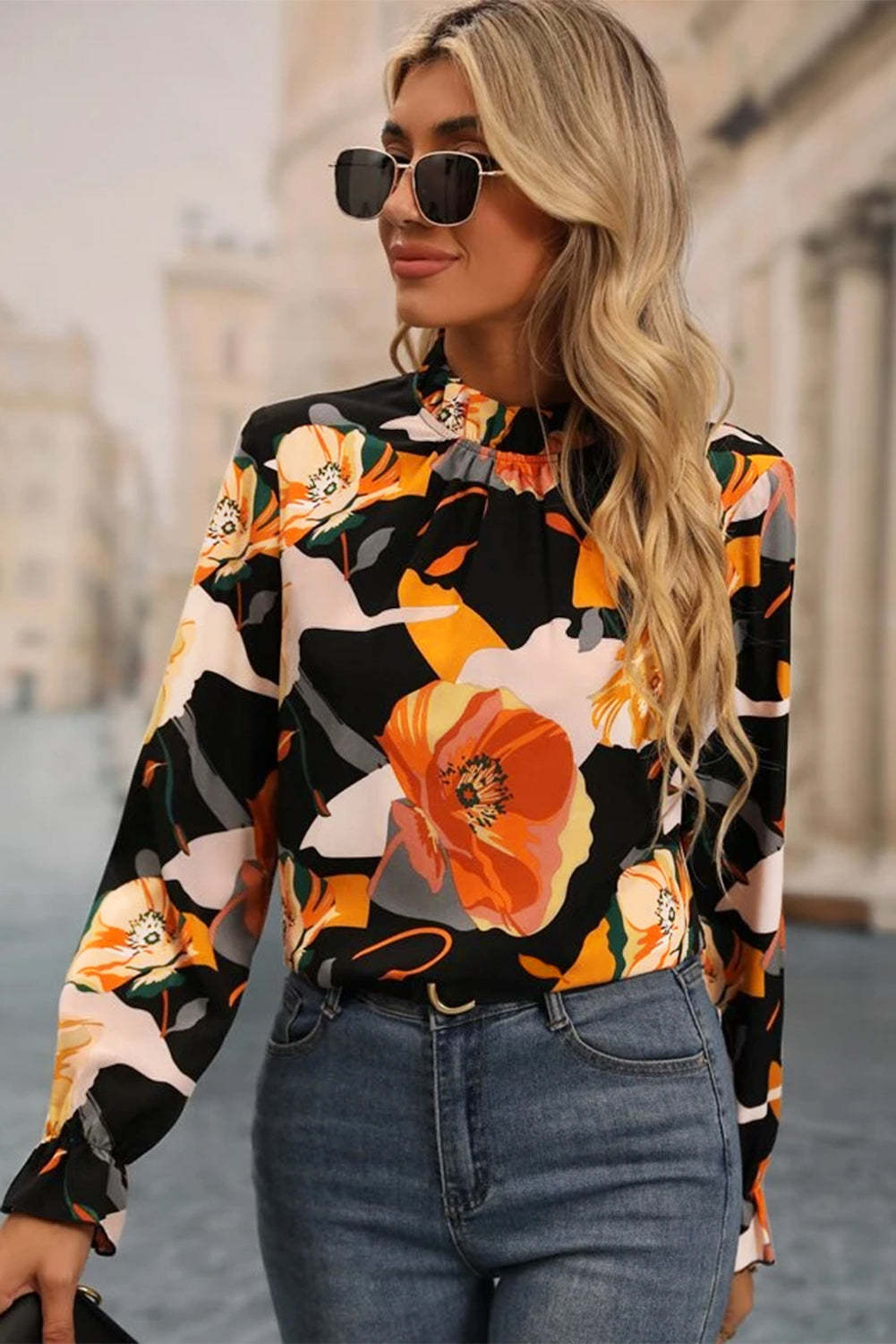 White Poppy Floral Frilled Neck Ruffled Sleeve Blouse