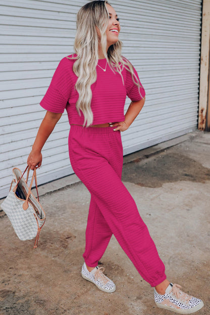 White Lattice Textured Cropped Tee and Jogger Pants Set