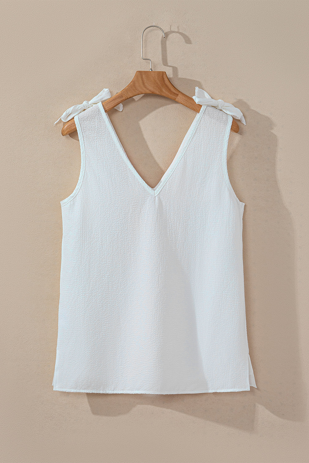 White Floral Embroidered Knot Straps Textured Tank Top