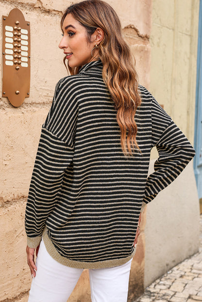 Brown Striped Turtleneck Loose Sweater