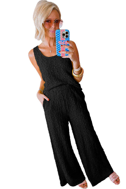 Black Crinkled U Neck Tank Top and Wide Leg Pants Set