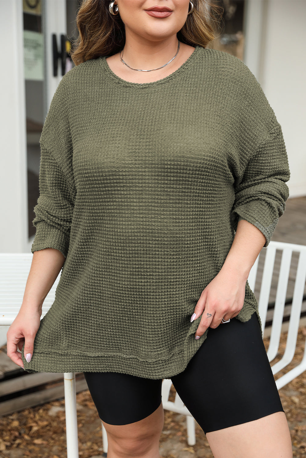 Khaki Waffle Knit High Slits Oversized Top