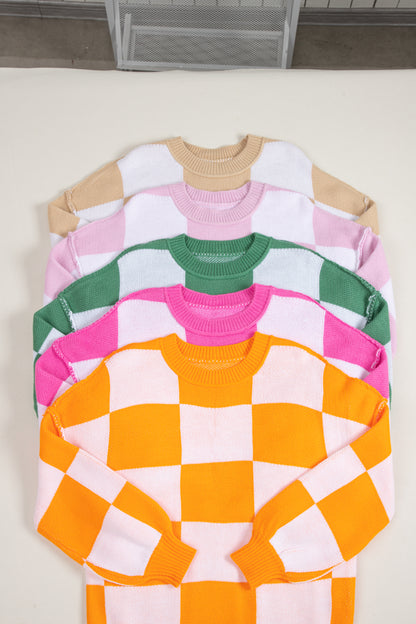 Pink Checkered Bishop Sleeve Sweater