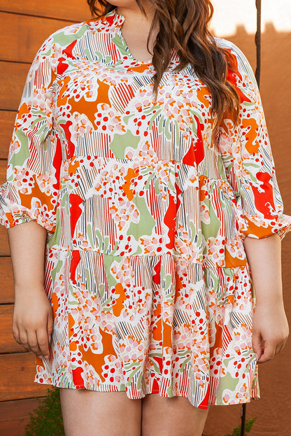 Multicolour Split Neck Puff Sleeve Flowy Printed Dress