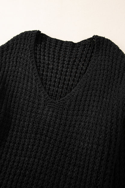 Black Hollow-out Crochet V Neck Sweater