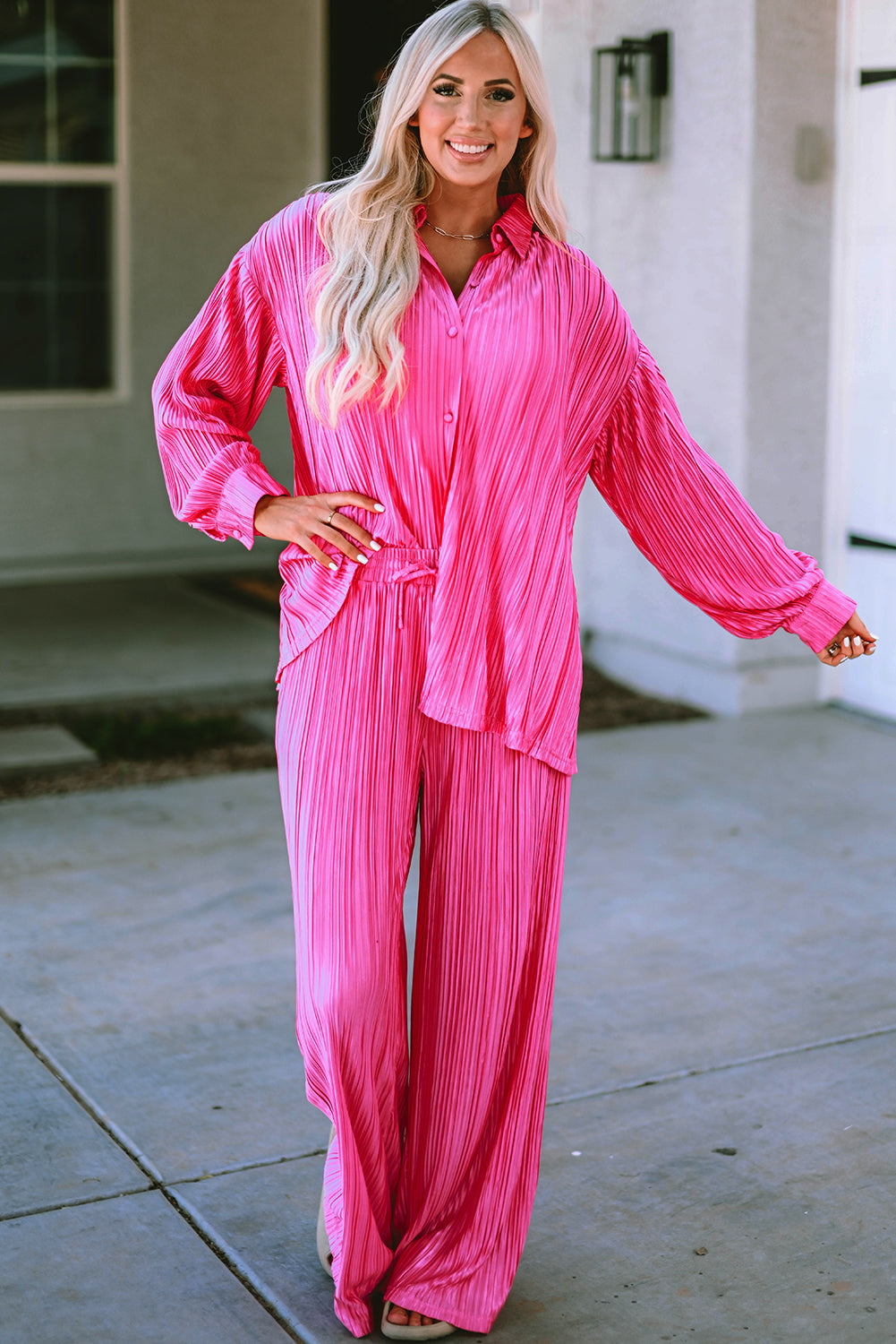 Rose Pleated Long Sleeve Buttoned Drawstring Romper