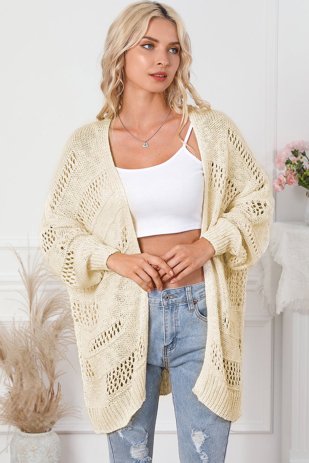 Apricot Plus Size Slouchy Hollowed Knit Open Front Cardigan