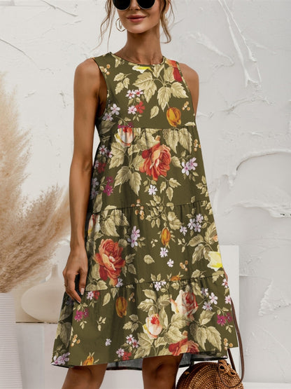 Tiered Printed Round Neck Sleeveless Dress