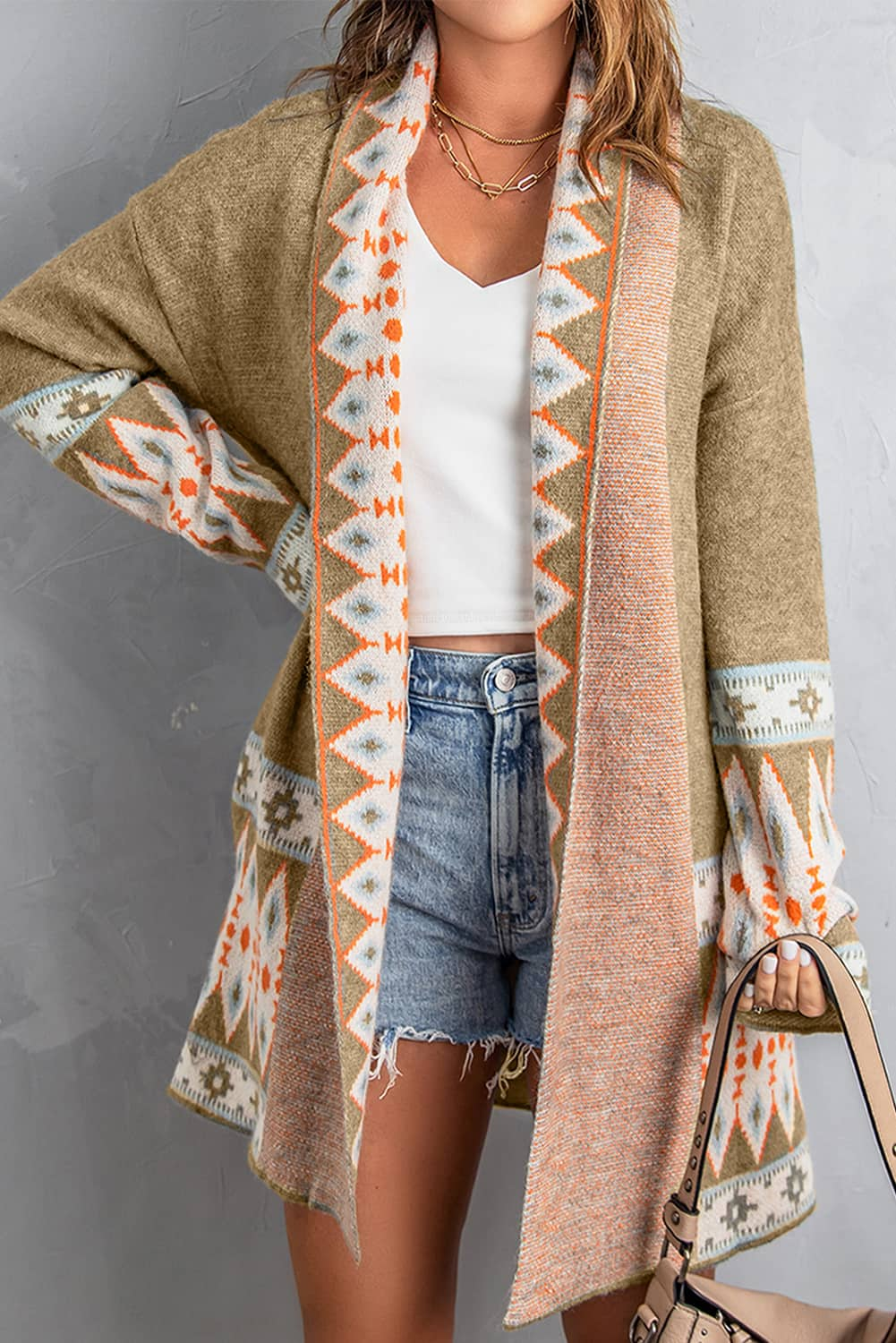 Brown Aztec Print Open Front Knitted Cardigan