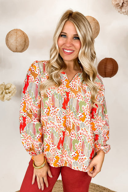 Multicolour Split Neck Puff Sleeve Flowy Printed Dress