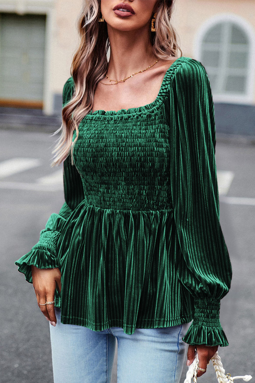 Green Tie Back Square Neck Velvet Babydoll Dress