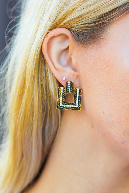 Gold Geometric Rhinestone Detail Dangle Earrings