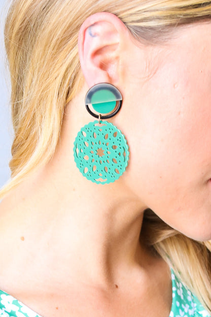 Teal Crochet Carved Disc Dangle Earrings