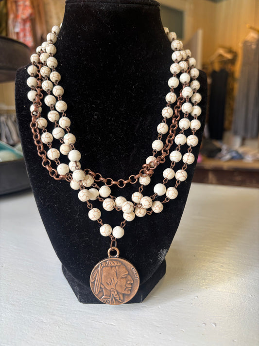 White Turquoise Collar -Length W/Indian Buffalo Coin