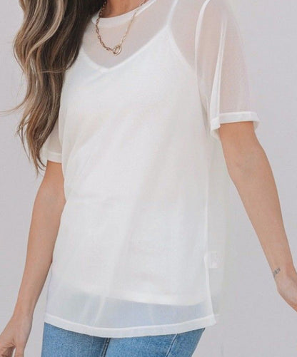 White Sheer Mesh Short Sleeve Top