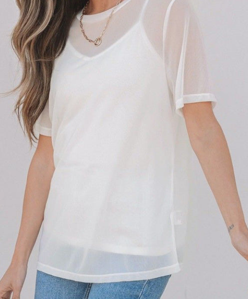 White Sheer Mesh Short Sleeve Top