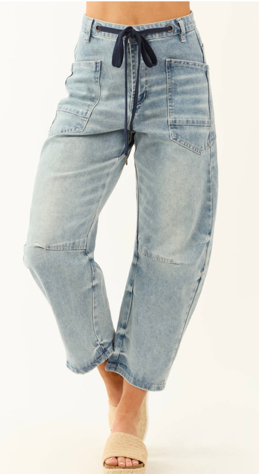 Medium Wash Drawstring Barrel Jeans