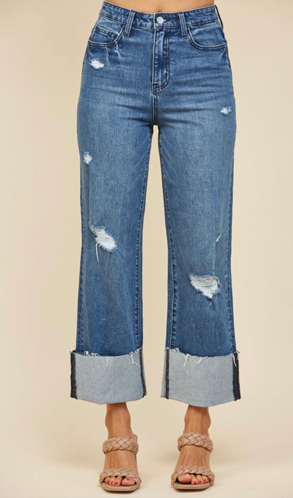 Straight Leg Boyfriend Fit Cuffed Jeans-DEnim