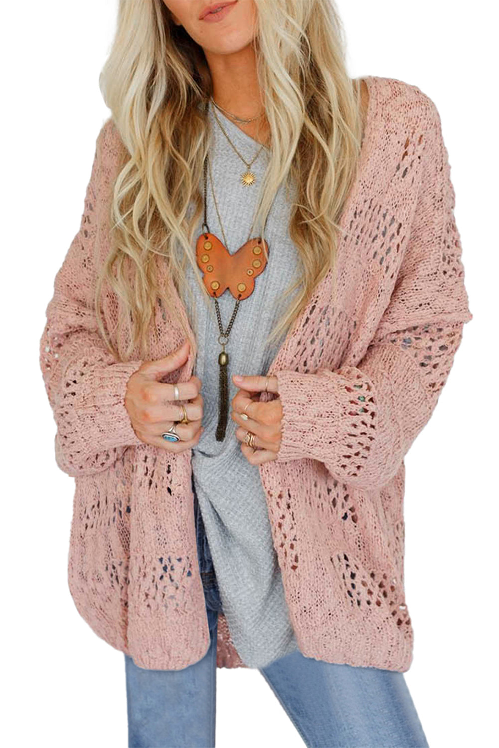 Apricot Plus Size Slouchy Hollowed Knit Open Front Cardigan