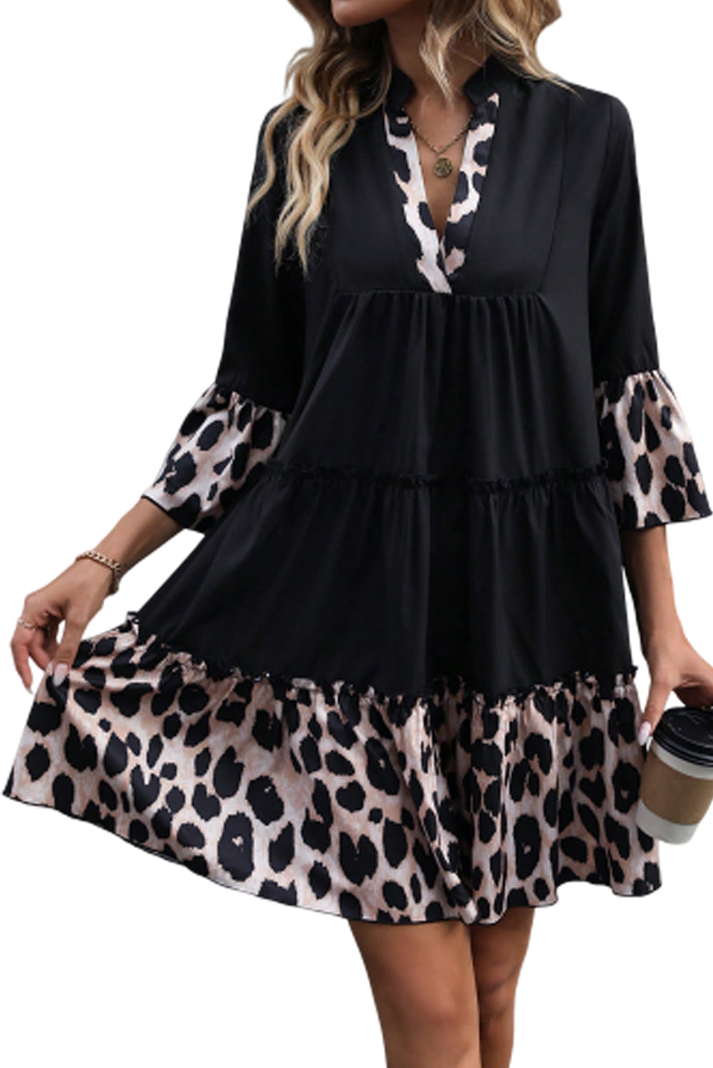 Black Leopard Trim V Neck Ruffled Sleeve Flared Dress