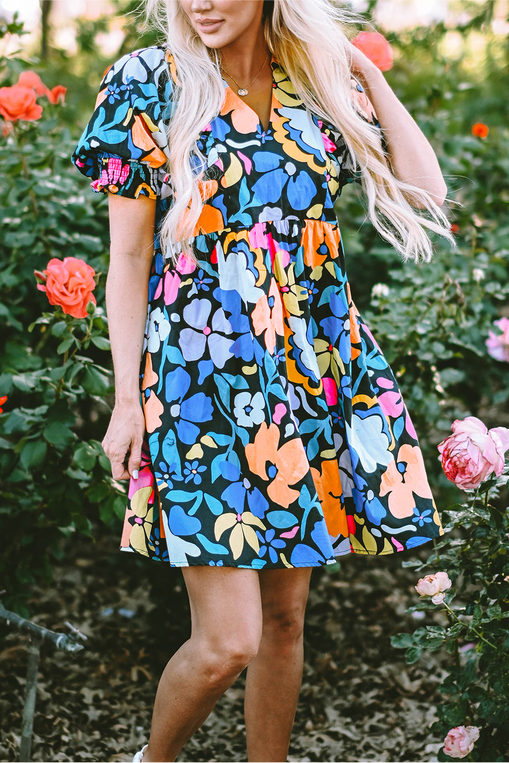 Blue Collared Split Neck Floral Flared Dress