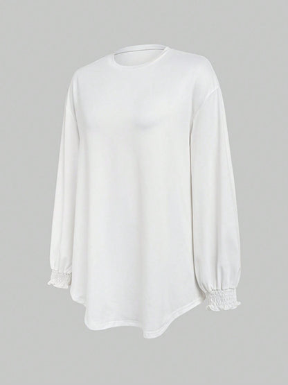 Smocked Cuff Round Neck Long Sleeve T-Shirt