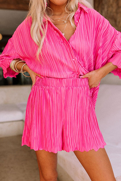 Rose Pleated Long Sleeve Buttoned Drawstring Romper