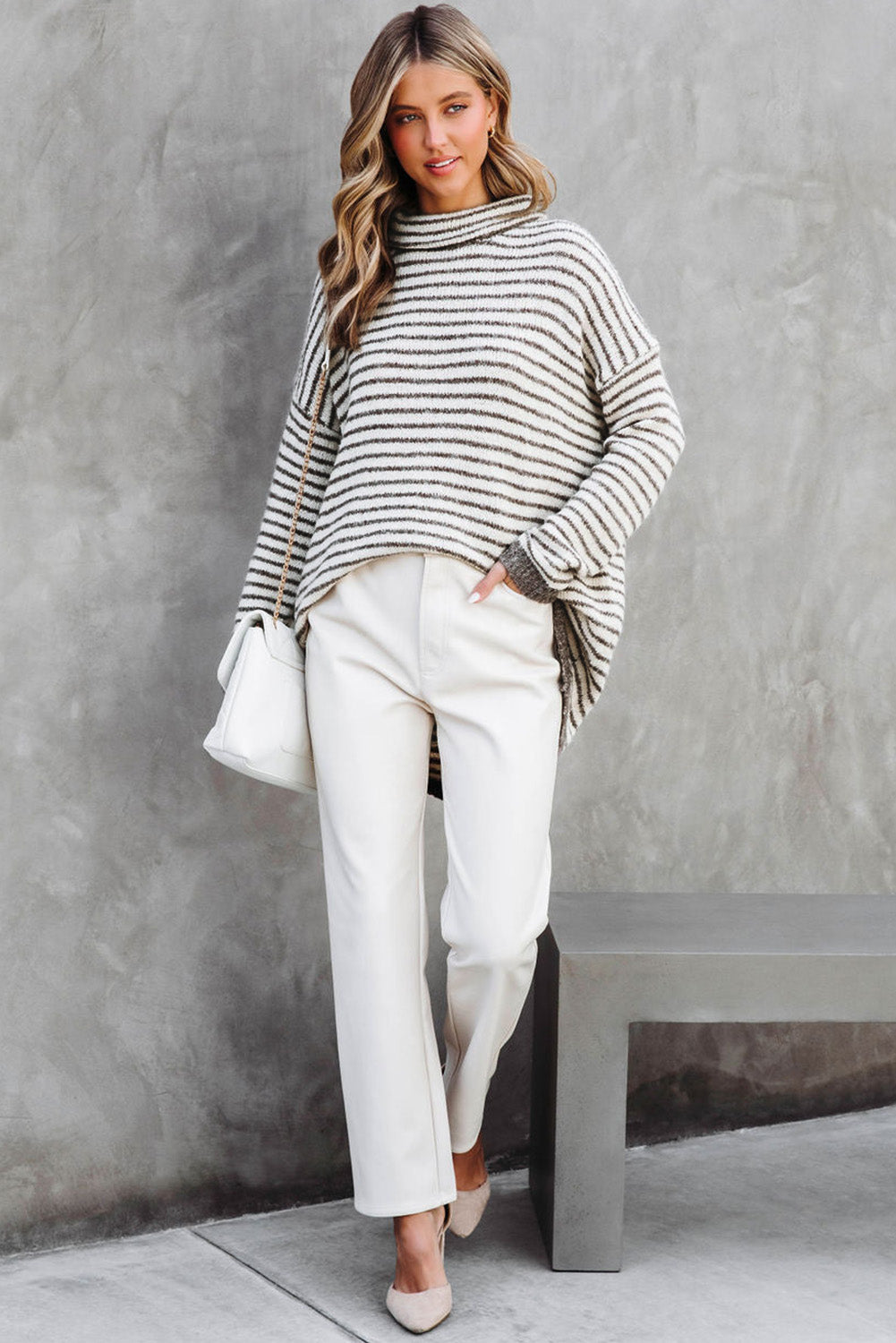 Brown Striped Turtleneck Loose Sweater